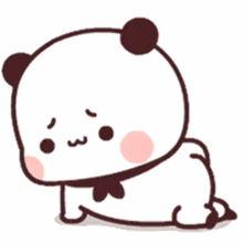 a cartoon panda bear is sitting down with a sad look on his face .
