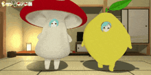 a red mushroom and a yellow lemon are dancing together