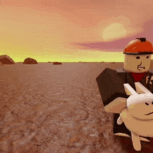 a cartoon character is holding a stuffed animal in his hand in the desert .