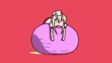 a cartoon of a girl sitting on top of a large purple ball .