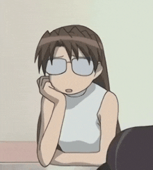 a cartoon girl wearing glasses and a white tank top is sitting at a table .