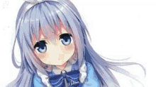 a close up of a cute anime girl with long blue hair and blue eyes .