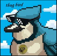 a pixel art of a blue jay wearing sunglasses