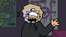 a cartoon drawing of a person wearing a black sweater that says i iq