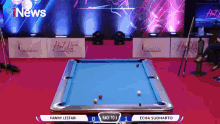 a pool table with a race to 3 sign on it