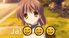 a girl with three smiley faces and the words ja