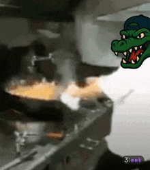 a cartoon of a crocodile in a kitchen with a 3look sticker below it