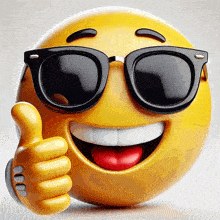 a yellow smiley face wearing black sunglasses gives a thumbs up