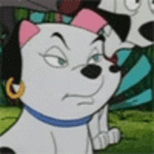 a cartoon dog with a pink headband and earrings is sitting next to a dalmatian dog .