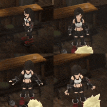 a video game character standing in front of a wooden bar