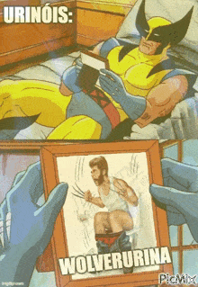 a cartoon of wolverine reading a book and a picture of wolverine taking a dump