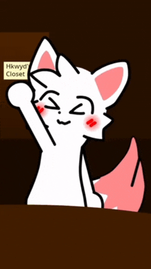 a cartoon drawing of a white cat with a pink tail and a sign that says hkwyt closet