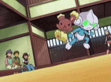 a group of cartoon characters are sitting in a room watching a cartoon character jumping in the air