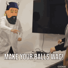 a cartoon of a man with horns pointing at another man with the words make your balls wag