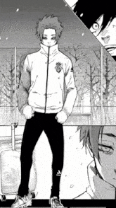 a black and white drawing of a boy wearing a jacket that says adidas