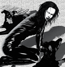 a black and white drawing of a woman kneeling next to a wolf