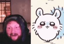 a man wearing headphones next to a drawing of a mouse