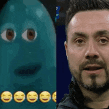 a man with a beard and a blue face with smiley faces around it