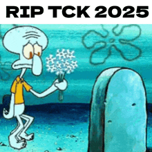 a cartoon of squidward holding a bouquet of flowers in front of a grave