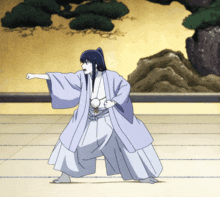 a cartoon character in a kimono is standing on a tiled floor