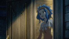 a girl with blue hair is standing in front of a door