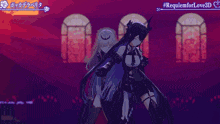 a couple of anime girls are standing next to each other on a stage in front of a building .