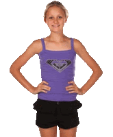 a girl in a purple tank top and black shorts