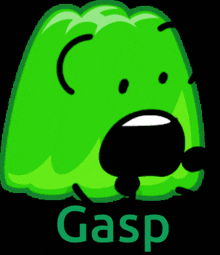 a green cartoon character with a black face and the word gasp below it