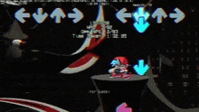 a cartoon character is standing on a pedestal in a video game with arrows pointing in different directions .