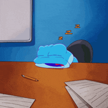 a cartoon of a frog sleeping on a desk with a pencil
