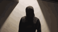 a man in a hooded jacket is standing in a dark room in front of a wall .