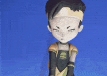 a cartoon character is standing on a blue staircase and looking down .