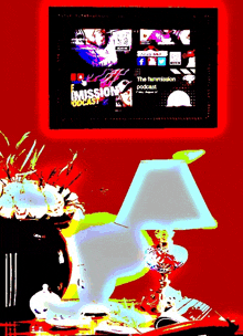 a painting of a lamp and a tv that says mission blast