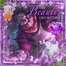 a picture of a monster with the words true beauty lies within on it