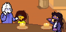 two pixel art characters are sitting at a table with cups of coffee .