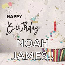 a birthday card for noah james with a cupcake and balloons .