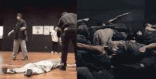 a group of people laying on the floor and a group of people standing