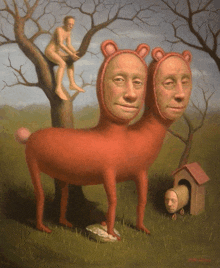 a painting of a naked man sitting on a tree branch next to a red animal with two faces on its back