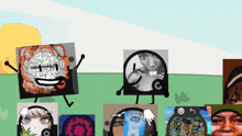 a group of cartoon characters are standing in a field and one of them has a picture of a woman on it