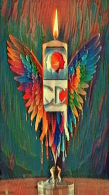a painting of a colorful candle with wings and a flame