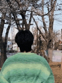a man in a green sweater is standing in front of trees with flowers on them