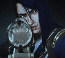 a woman with long blue hair is looking through a scope