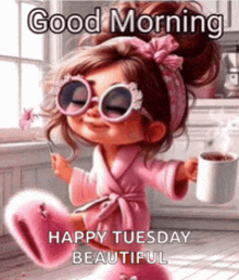 a little girl in a pink robe is holding a cup of coffee .