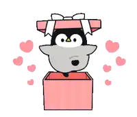 a penguin is coming out of a pink box
