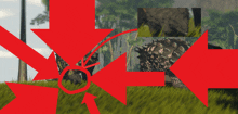 several red arrows pointing to a picture of a dinosaur