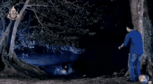 a man standing next to a tree in a dark forest