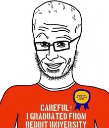 a man with glasses and a beard is wearing a shirt that says " careful "