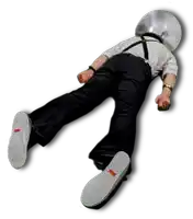 a person wearing suspenders and a helmet with a light bulb head