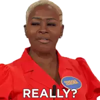 a woman in a red shirt says really in front of a white background