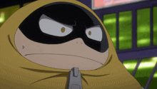 a close up of a cartoon character with a yellow hood